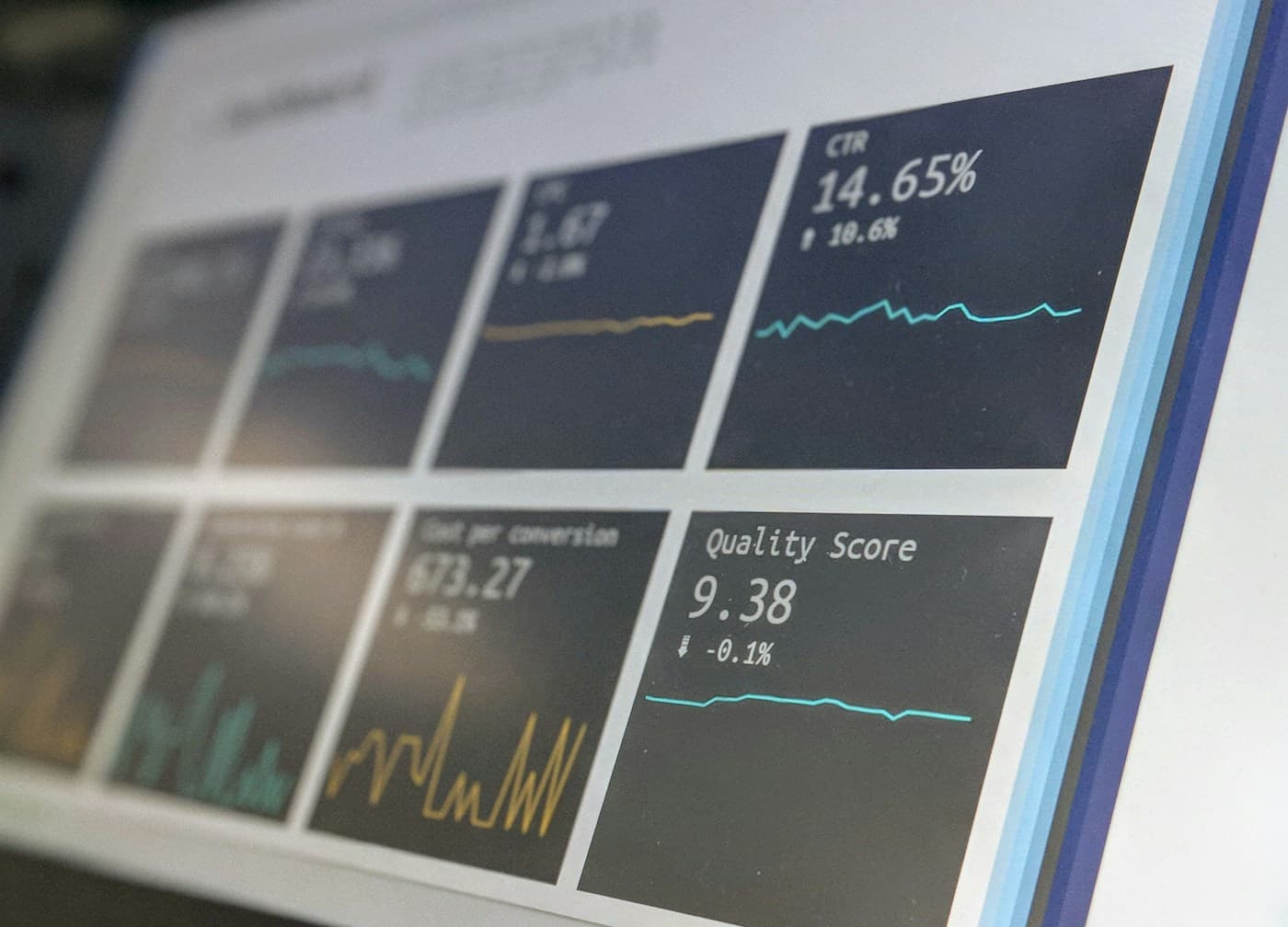 A screen of marketing metric tiles, including click-through rate, cost per conversion and quality score.
