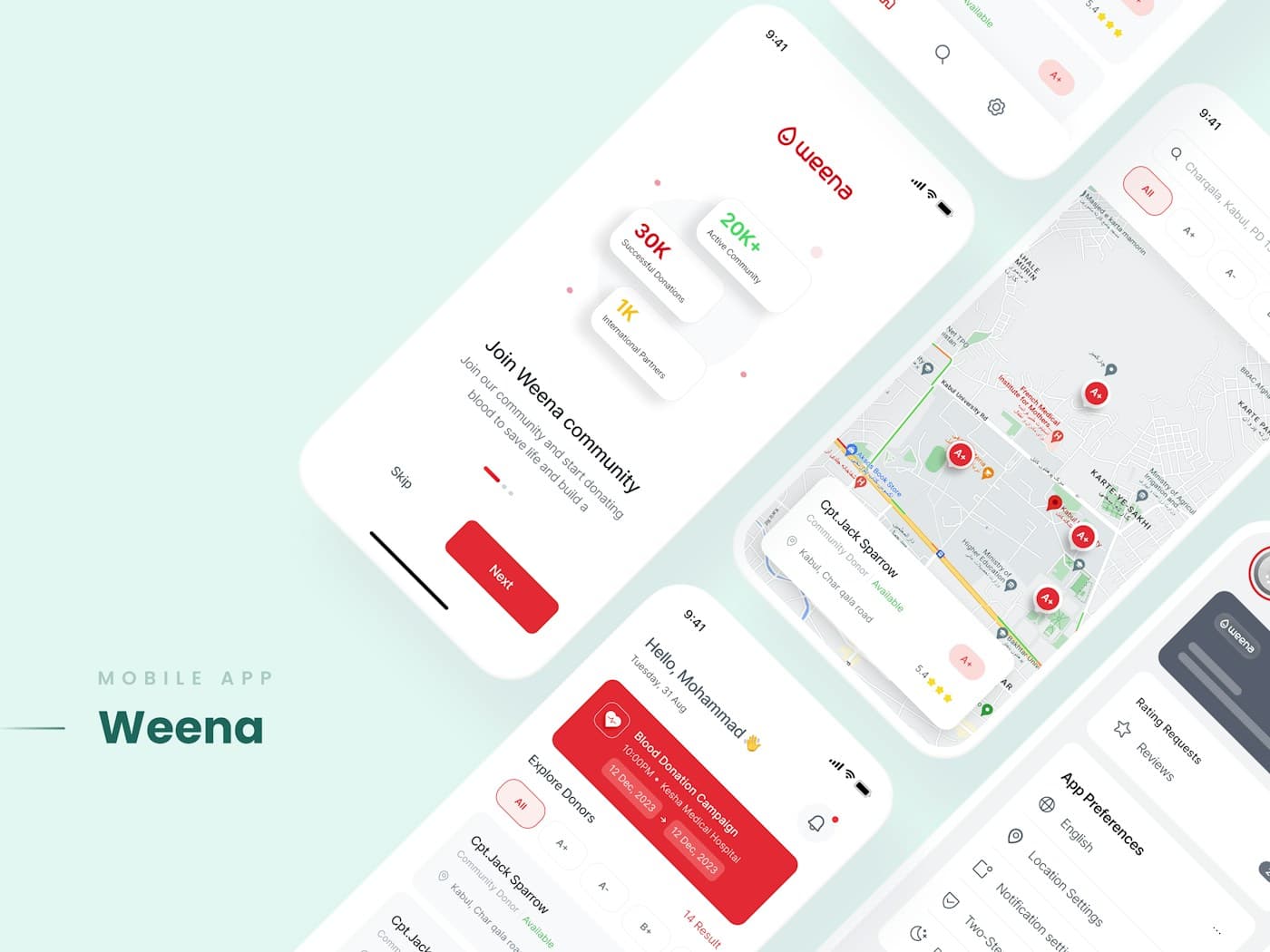 Mobile app screens laid out in a row: a sign-up screen, a home feed and a map of nearby locations.